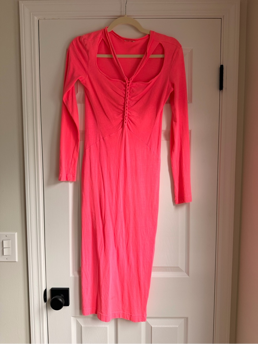 NOAM Neon Pink Cutout Midi Dress XS | Ruched Bodycon Long Sleeve